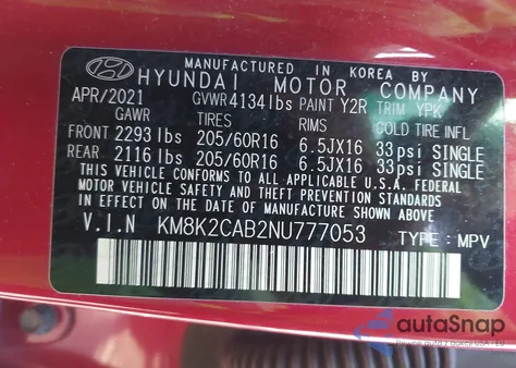 2022 Hyundai Kona Se from USA, damaged, VIN KM8K2CAB2NU777053